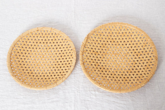 Flat Basket Tray "Kikko Weave" (Large Sizes) / White Bamboo / Aichi-JPN 251107