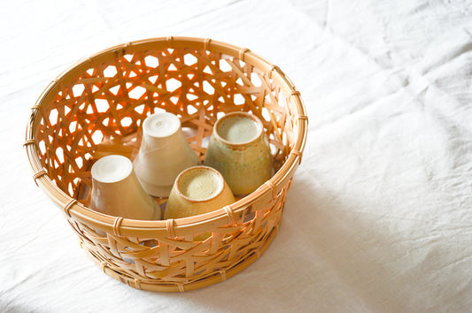 Round Tableware Basket "Double Mutsume Weave" / White Bamboo / Ehime-JPN 520203-1