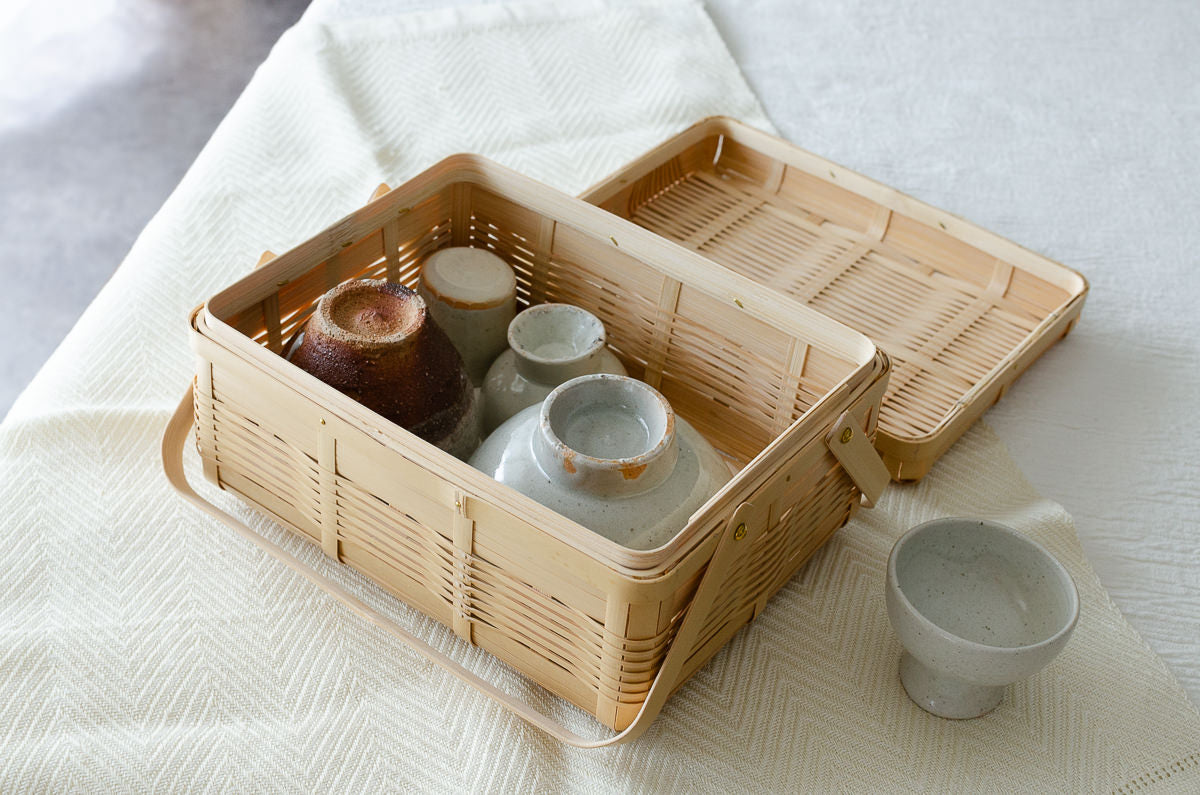 Handled Lunch Basket Large Sizes / White Bamboo / Kagoshima-JPN 321105