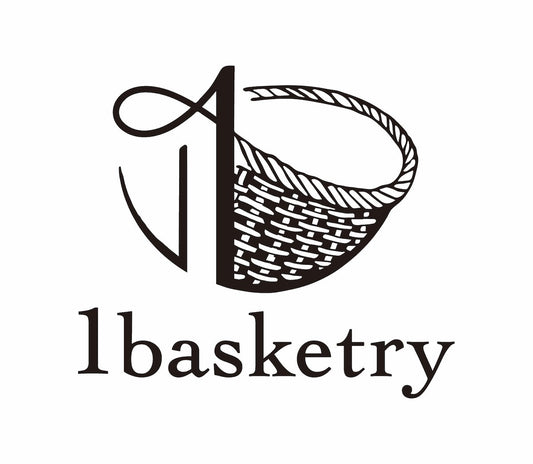 1basketry logo featuring a handwoven basket and the number one / 手編みのかごと数字の1を組み合わせた1basketryのロゴ