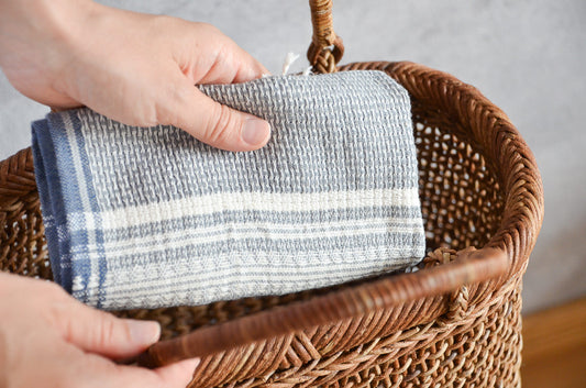 Basket Hand Towel / Light Gray, Indigo Black / Khadi cotton / IND 330909