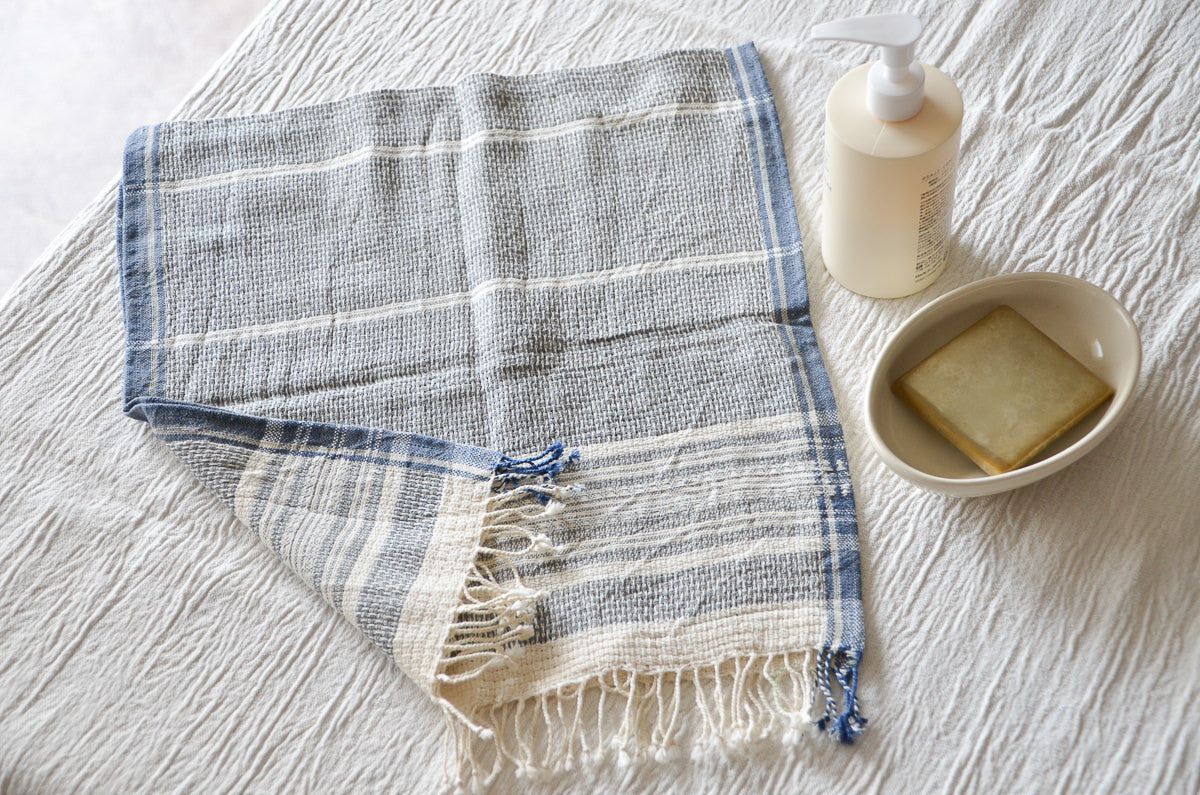 Basket Face Towel / Light Gray, Indigo Black / Khadi cotton / IND 330908