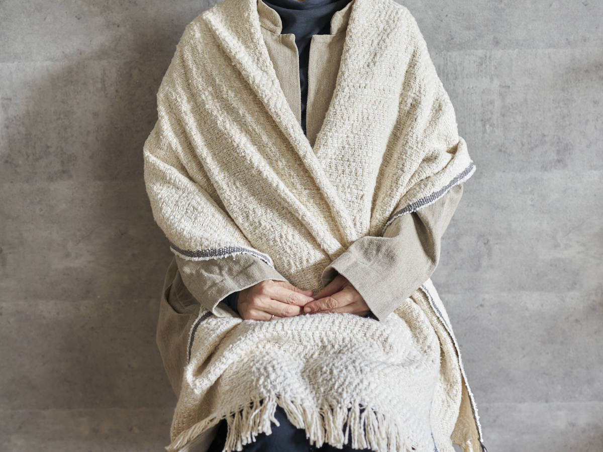 インド/コットン　ガラ紡　ミディアムストール　Herringbone-Ivory　330930-2