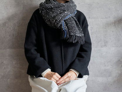 インド/コットン　ガラ紡　ミディアムストール　Herringbone-Dot Black　330930-3